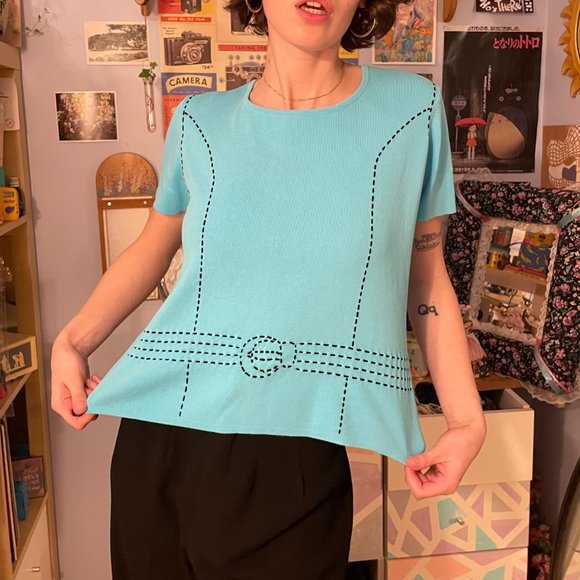 80s Carducci neon blue belt buckle shirt - Picture 2 of 13